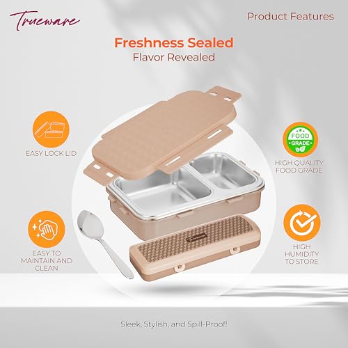 Image of Trueware Crest Lunch Box 2 Compartment Leak-Proof BPA Free Stainless Steel, Lunch Box for Kids, Lunch Box for School & Office with a Spoon, 580 ML (LBK-Crest-Light Brown BAZ)