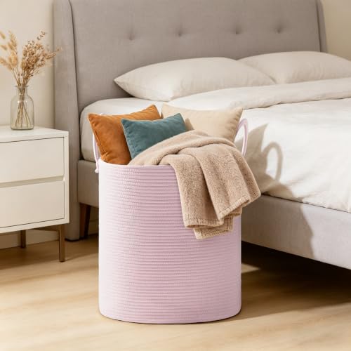 Image of 53L Tall Cotton Rope Laundry Basket with Handles, Pink