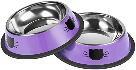 Serentive 2Pcs Cat Bowls Non-Slip Stainless Steel Small Cat Food Bowls Unbreakable Thicken Cat Feeder 7 Oz Cat Dishes Suitable for Indoor Small Pets Removable Rubber Base Easily Clean Lovely Color