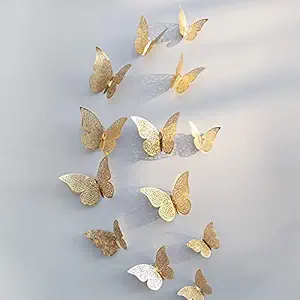 Xtore 12pcs 3D Home Decor Butterfly with Sticking Pad (Shimmer Golden, Set of 12)