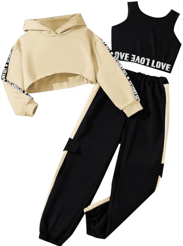 Image of Hilinker Girls Graphic 3 Piece Outfits Workout Hoodie Crop Tank and Sweatpants Set