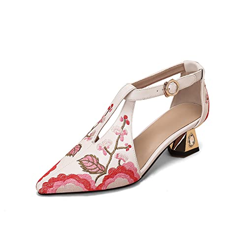 TinaCus Women's Pointed Toe Genuine Leather with Handmade Embroidery Stylish Strap Buckle Chunky Heel Pumps