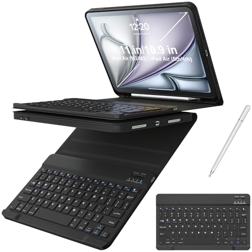 iPad Air 11インチケース、キーボードM2/M3(2024/2025)とAir 第5世代/第4世代10.9インチ用、取り外し可能なワイヤレス磁気キーボード、ペンホルダーとスタイラス付きのお手入れ簡単保護ケース、ブラック。