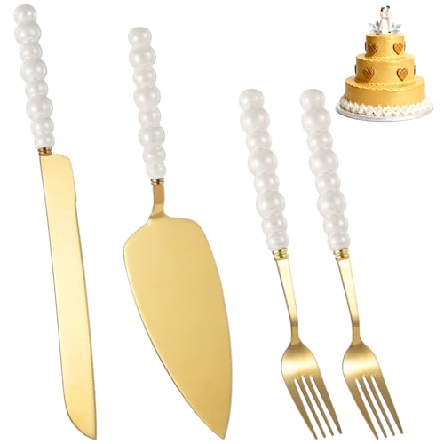 YOFAPA 4-teiliges goldfarbenes Tortenservier-Set mit Perlengriff, Edelstahl-Tortenmesser und -Gabelset, Tortenservier-Set mit Geschenkbox für Hochzeiten, Jubiläen, Geburtstage
