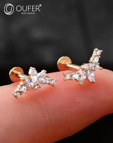 OUFER Helix Piercing Jewelry, 14K Solid Gold Cartilage Earrings, Clear CZ Lip Rings, Flat Back Helix Earrings, Internally Threaded Tragus Conch Lobe Piercing Jewelry, Labret Jewelry4