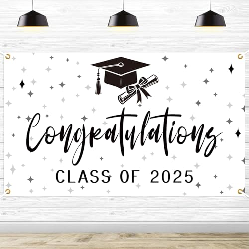 Image of Congratulations Class of 2025 Backdrop, Black & White 2025 Grad Photo Backdrop, High School College Graduation Classroom Banner, Congrats Grad 2025 Graduation Party Decorations, 5.9 * 3.6Ft