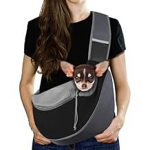 Pawaboo Pet Dog Sling Carrier, Hand Free Drawstring Dog Papoose with Adjustable Strap, Breathable Mesh Bag for Puppy Cat, Crossbody Satchel Dog Purse with Pocket for Outdoor, Dark Gray+Black, Medium