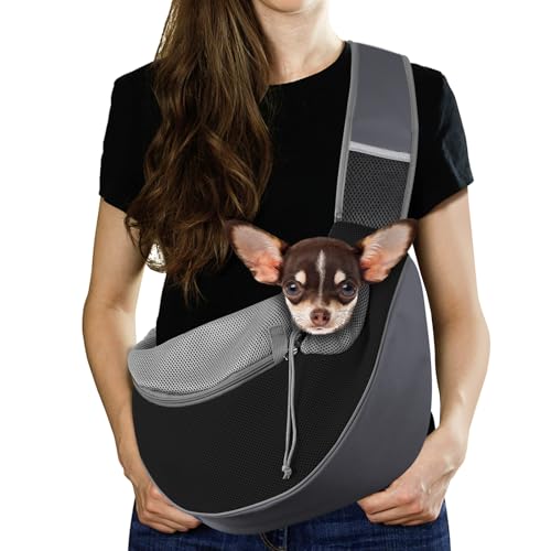 Pawaboo Pet Dog Sling Carrier, Hand Free Drawstring Dog Papoose with Adjustable Strap, Breathable Mesh Bag for Puppy Cat, Crossbody Satchel Dog Purse with Pocket for Outdoor, Dark Gray+Black, Medium option