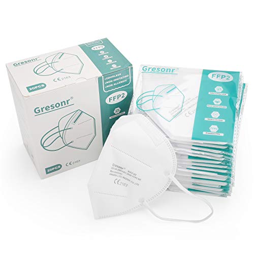Gresonr Mascarillas Ffp2 con certificación CE 5 capas Mascarillas Ffp2 homologadas 95% filtros a través de los oídos sin válvula 20 PCS