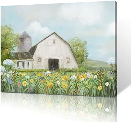 Yelash Old barn Pictures Wall Art, Rustic Farmhouse Wall Decor for Living Room, White barn Canvas Art Colorful Flowers Country Landscape Painting Poster for Home Decoration (10"x15")
