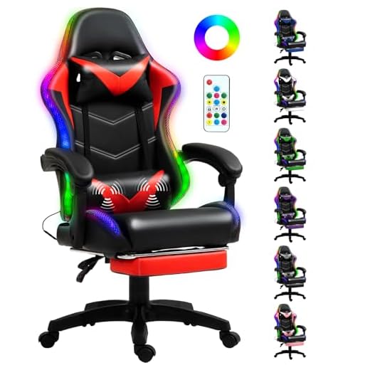 Czlolo Gaming Chair, Racing Style RGB LED Lights Gaming Chairs for Adults and Kids, Lumbar Massager Gamer Chair, High Back Reclining Computer Chair with Footrest and Headrest (Black/Red)