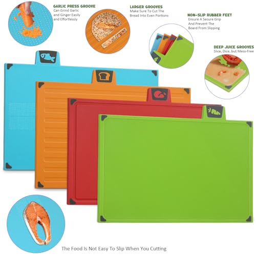 IAGORYUE 4 Colour Coded Chopping Board Set | BPA Free Thick Plastic Chopping Boards with Stand | Kitchen Cutting Boards Dishwasher Safe with Non Slip Feet & Juice Groove for Vegetables/Meat/Fish/Bread - Image 5