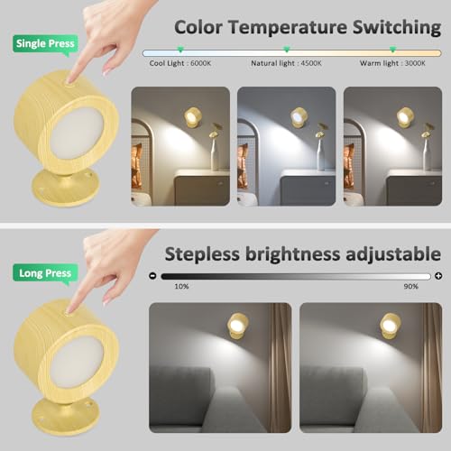 Image of Racokky LED Wall Mounted Lights 2 Pcs with Remote, Wall Sconces Lamp 3000mAh Rechargeable Battery Operated, 3 Color Temperatures & Dimmable Magnetic 360 Rotation Cordless Light for Bedroom Reading