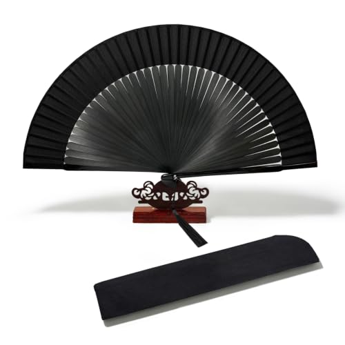 EOSAU 8.3 Inch Bamboo Hand Fan Foldable for Women, Black Solid