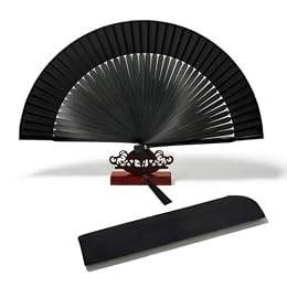 EOSAU 8.3 Inch Bamboo Hand Fan Foldable for Women, Black Solid