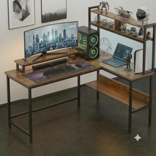 Image of TEKAVO Tonny L Shape Table for Home Office, Computer Table for Home Pc, L Shaped Office Table, Gaming Work Desk | with Book Shelf + Monitor Riser, Forest Wood, Metal (124 x 48 x 75 Cm) | DIY