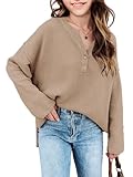 Girls Winter Sweaters 2025 Fashion Teen Tops Henley Kids V Neck Long Sleeve Loose Shirts Fall Warm Clothes Khaki