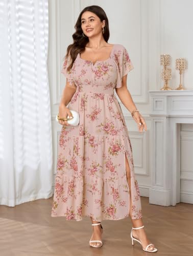Image of SCOMCHIC Womens Plus Size Maxi Dress Formal Short Sleeve Square Neck Smocked Side Split Flowy A Line Tiered Long Dress