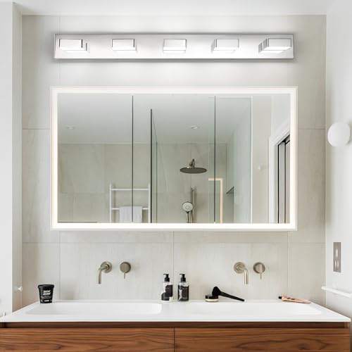 Liilokte 5-Light LED Modern Bathroom Vanity Light Fixtures (40-Inch, Cool White 6000K), Modern Acrylic Bathroom Wall Lighting Fixtures Over Mirror, Chrome by Liilokte - Used condition - Image 6