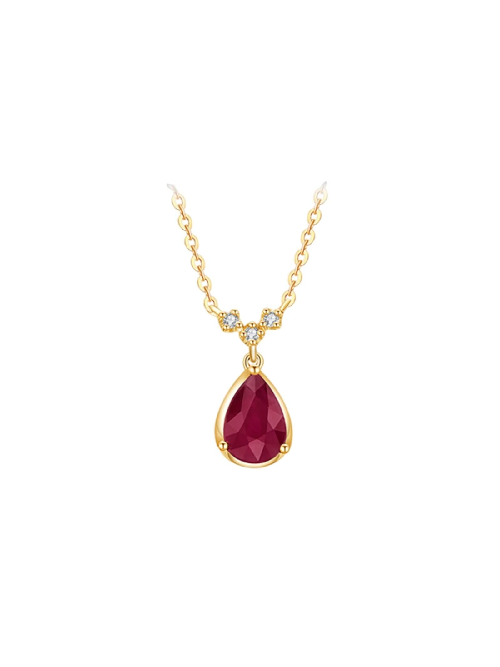Łańcuszek na szyję, damski łańcuszek na szyję, cienki wisiorek z rubinu w kształcie kropli, 0,95 ct i diament z 0,02 ct żółtego złota