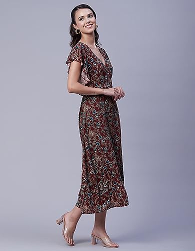 Image of Moomaya Women's Printed Dress, V-Neck, Short Sleeves, Ruffled Midi Summer Dress
