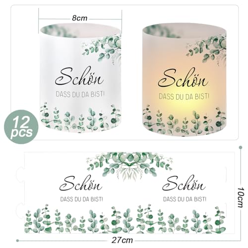 12 Windlicht Tischdeko Schön DASS Du Da Bist, Windlichter Eukalyptus Grün, Windlichter für Geburtstag Hochzeit Konfirmation Kommunion Taufe Tischdeko, Geeignet für Teelichter oder Kerzen