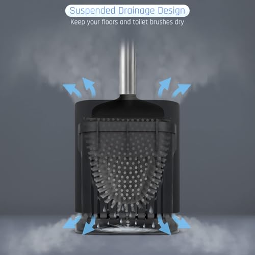 Image of Sellemer Silicone Toilet Brush, Ventilation Slots Base Holder 3 Pack, Black | Flexible Bristles Flat Head for Rim, Hair Tangle-Free, Easy to Clean, Compact Design, Rustproof Handle, for Toilet /Sink /Tub