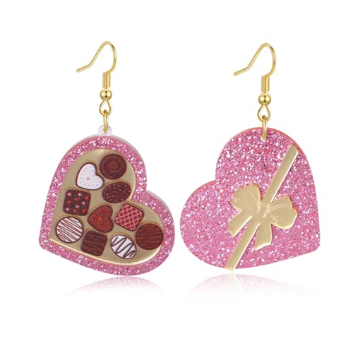 Valentines Day Earrings for Women - Creative Red Heart Chocolate Gift Box Dangle Jewelry Valentines Day Outfit Accessories Gifts (Glitter Hot Pink)
