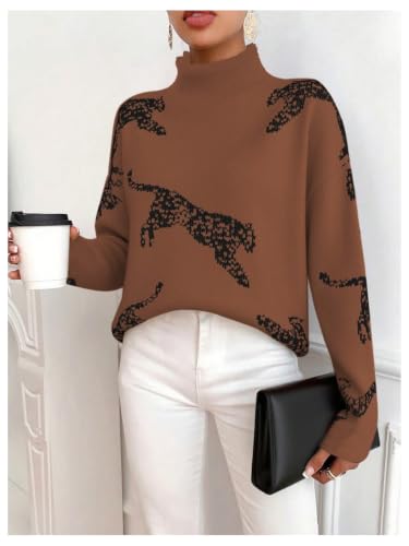 Image of WDIRARA Women's Leopard Tiger Print Sweater High Neck Long Sleeve Fuzzy Knitted Pullover Top