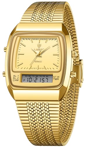 Montre de sport multifonction carrée FANMIS à double affichage en acier doré pour homme