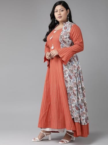 Image of Yash Gallery Women's Rayon Relaxed Fit Anarkali Shrug Style Printed Embroidered Kurta
