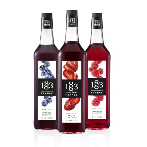 1883 Strawberry, Blueberry, Raspberry Syrups (Berry Lovers) for Drinks – 1 Liter Glass Bottles (Pack of 3)
