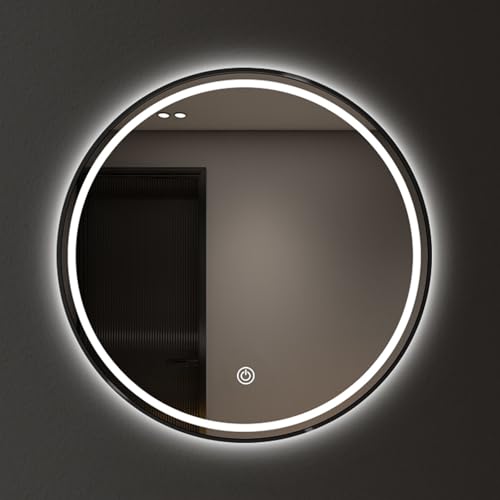 Specchio da bagno rotondo a LED, 50 cm, dimmerabile, da parete, con interruttore Smart Touch, specchio rotondo con cornice nera per l'arredamento della casa, 50 x 50 cm