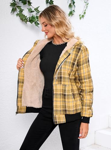 Shawnda Women's Flannel Casual Plaid Full Zip Up Sherpa Lined Hoodie Jacket Coat with Pockets4
