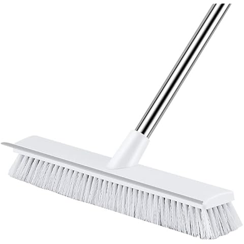 DADAWU Floor Scrub Brush with Long Handle, 2 in 1 Scrape and Brush Stiff Bristle Shower Cleaning Sweeping Deck Brush Push Broom Brush for Kitchen, Bathroom, Patio, Wall and Deck Cover