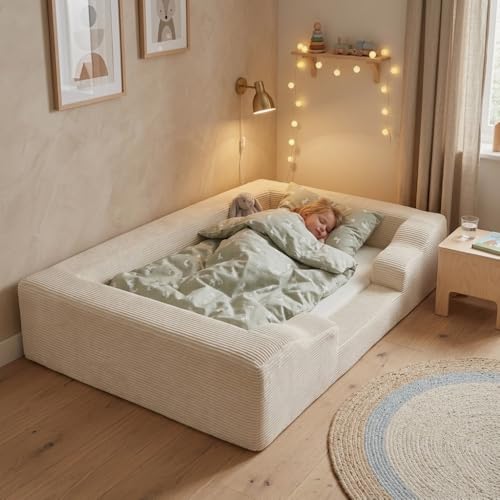 Wonder Space Cama de suelo de espuma para niños pequeños, marco de transición suave de cuna a cama con funda de pana extraíble lavable, base de cama de espuma viscoelástica para niños de 1 a 5 años