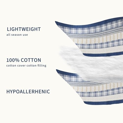 Image of Homzard Twin Comforter- Blue Twin Bedding Sets, Plaid Striped Twin Quilt, Blue White Tan Quilt 100% Cotton, Farmhouse Comforter Bedspread 2 Pieces