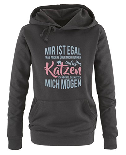 Mir ist egal was Andere über Mich Denken, außer Katzen - Damen Hoodie - Schwarz/Eisblau-Rosa Gr. S