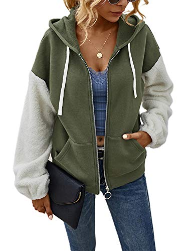 Joeoy Women's Casual Cozy Fuzzy Faux Shearling Fleece Zip Up Hoodie Jacket Outwear with Pockets (Army Green)-XL