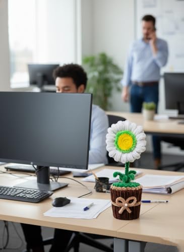 Image of Handmade Artificial Flower Pot for Home Decor | Cute Fuzzy Wire Pipe Cleaner Flower Plant | Aesthetic Tabletop Decorative Pot for Home, Office & Gifting (Soft Bloom :- Neon-White)
