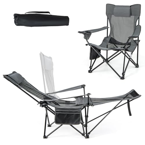 COSTWAY Chaise Pliante Camping, Chaise Longue Réglable sur 4 Positions, Repose-Pieds Amovible, Appui-Tête, Poche, Porte-Gobelet, Fauteuil Inclinable pour...