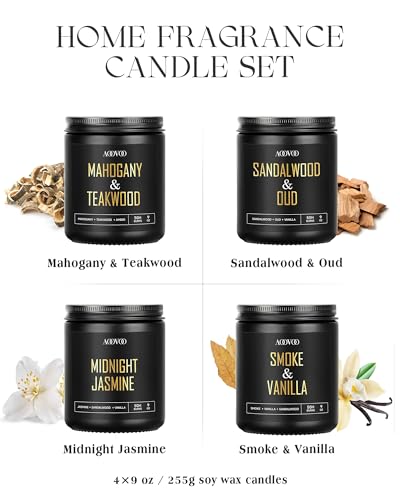 AOOVOO Scented Candles for Men - 4 Pack Candles for Home Scented, 36oz Soy Wax, 200 Hour Burn Time, Men Candle Set, Sandalwood Oud/Mahogany Teakwood/Smoke Vanilla/Jasmine Candle Set A - Image 5