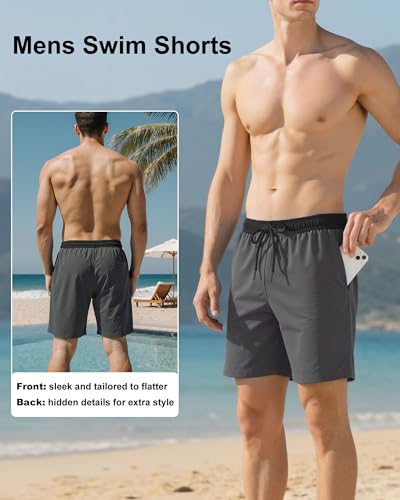 Image of Mens Swim Trunks with Compression Liner 2 in 1 Quick Dry Swimming Shorts Swimwear Bathing Suits with Pockets