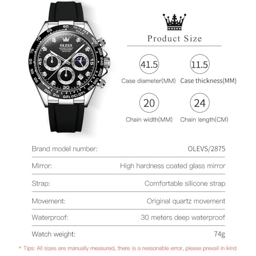 Image of OLEVS Men's Watch Analog Chronograph Waterproof Multifunctional Diamond Sports Silicone Strap Moon Phase Quartz Night Light Men's Watch