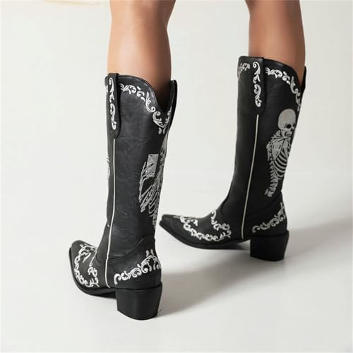 Women Cowgirl Boots Skull Embroidery Cowboy Mid Calf Boots Western Chunky Block Heel Fashion Pull-On Knee High Boots2