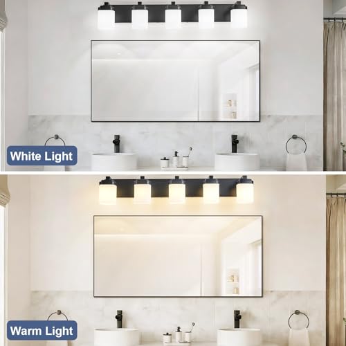 Image of 36.5 Inches Bathroom Vanity Light, 5-Light Black Bathroom Light Fixtures Over Mirror, Bathroom Light Shower Lamp with Milky White Square Glass Shade, Modern Farmhouse Lighting Fixtures