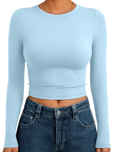 Trendy Queen Womens Long Sleeve Crop Tops Basic Slim Fitted Shirts Casual Fashion 2025 Going Out Y2k Tops Teen Girl Clothes Baby Blue M