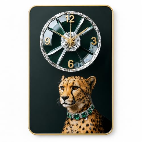 Image of Luxury Cheetah Wall Clock for Living Room | 18x12 Inch Silent Quartz | Crystal Dial Gold Frame | Animal Art Decor for Home, Office & Gifting