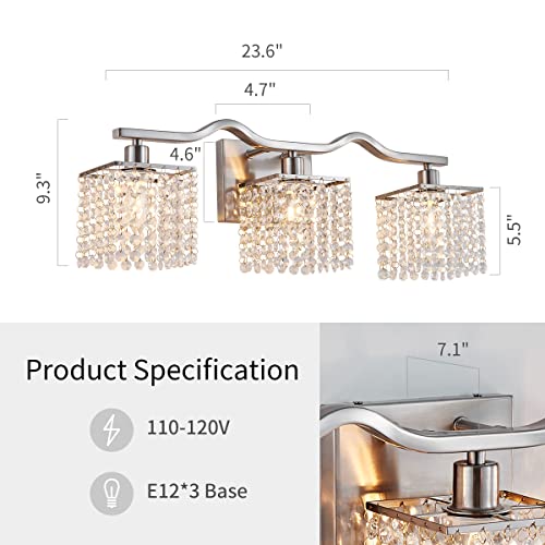 Image of WUZUPS 3-Light Bathroom Light Fixture Morden Vanity Wall Sconces Light Clear Crystal Drop for Bedroom Living Room, E12 Base, Nickel