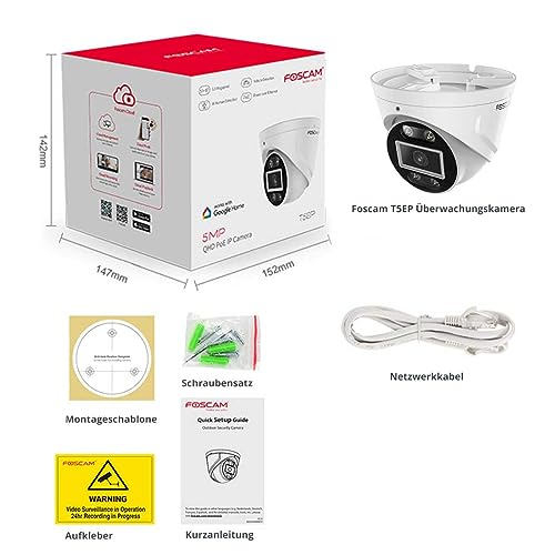 Foscam T5EP 5 MP POE-Überwachungskamera mit integriertem Scheinwerfer und Einer Alarmsirene, Erkennung von Personen und Fahrzeugen, Nachtsicht, Zwei-Wege-Audio, Weiß